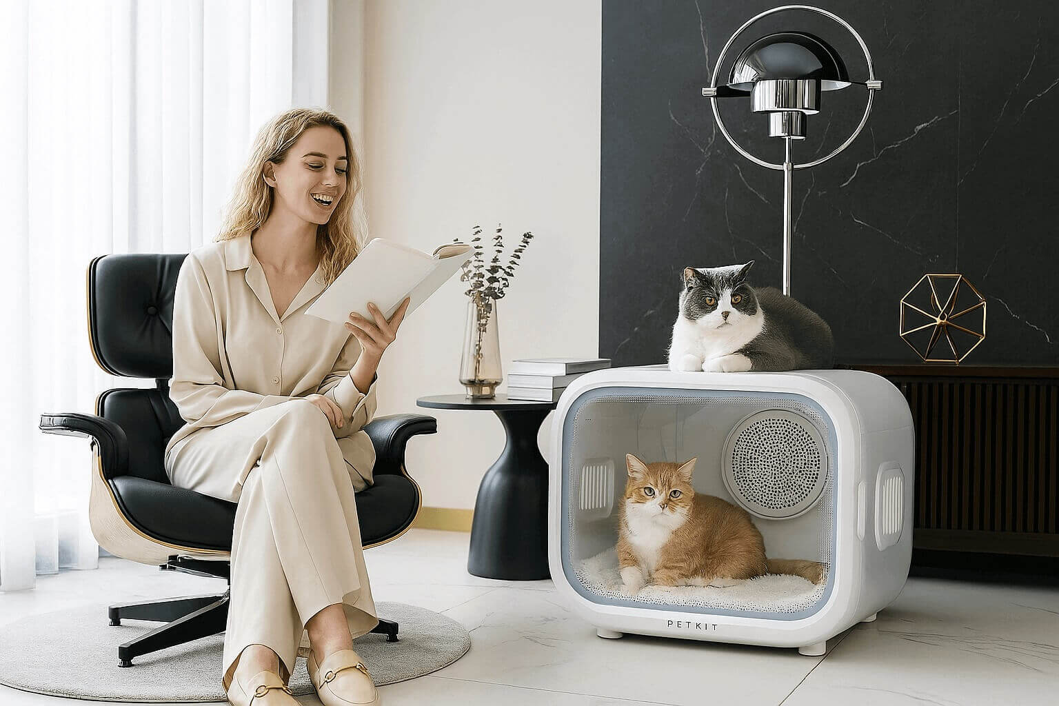 Happy cats relaxing with the PETKIT AirSalon Max smart pet dryer in a modern living room