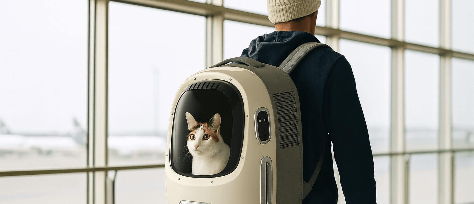 Traveler carrying the PETKIT Cat Backpack Carrier with a curious cat inside at the airport