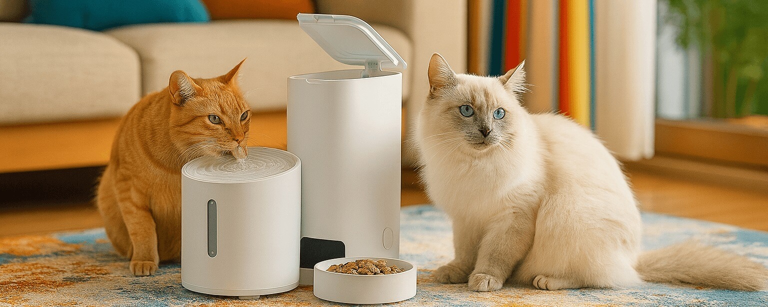 Two cats enjoying fresh kibble and clean water from the PETKIT Compact Automatic Feeder and matching water fountain in a cozy living room
