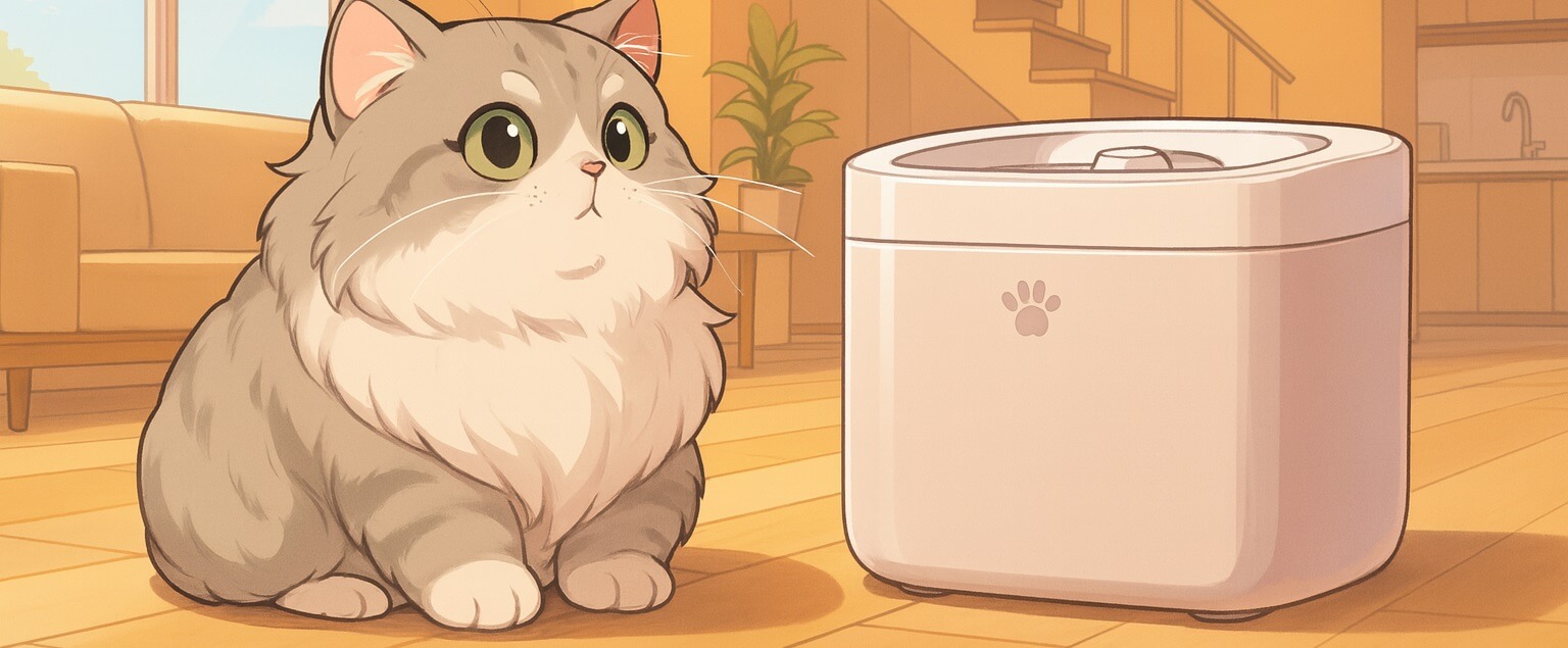 Cute fluffy gray cat sitting next to the PETKIT Wireless Water Fountain in a cozy living room