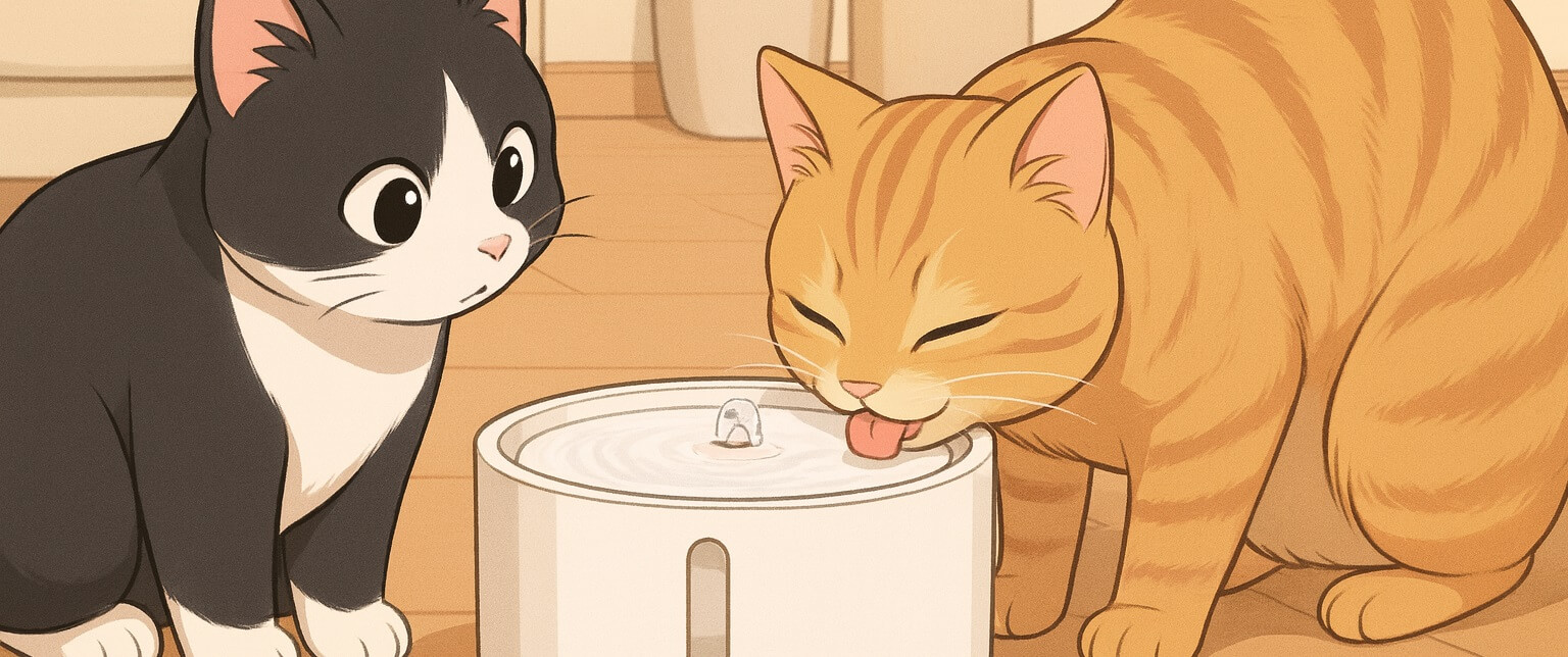 Dos gatos disfrutando del bebedero automático PETKIT Wireless Water Fountain en un hogar acogedor