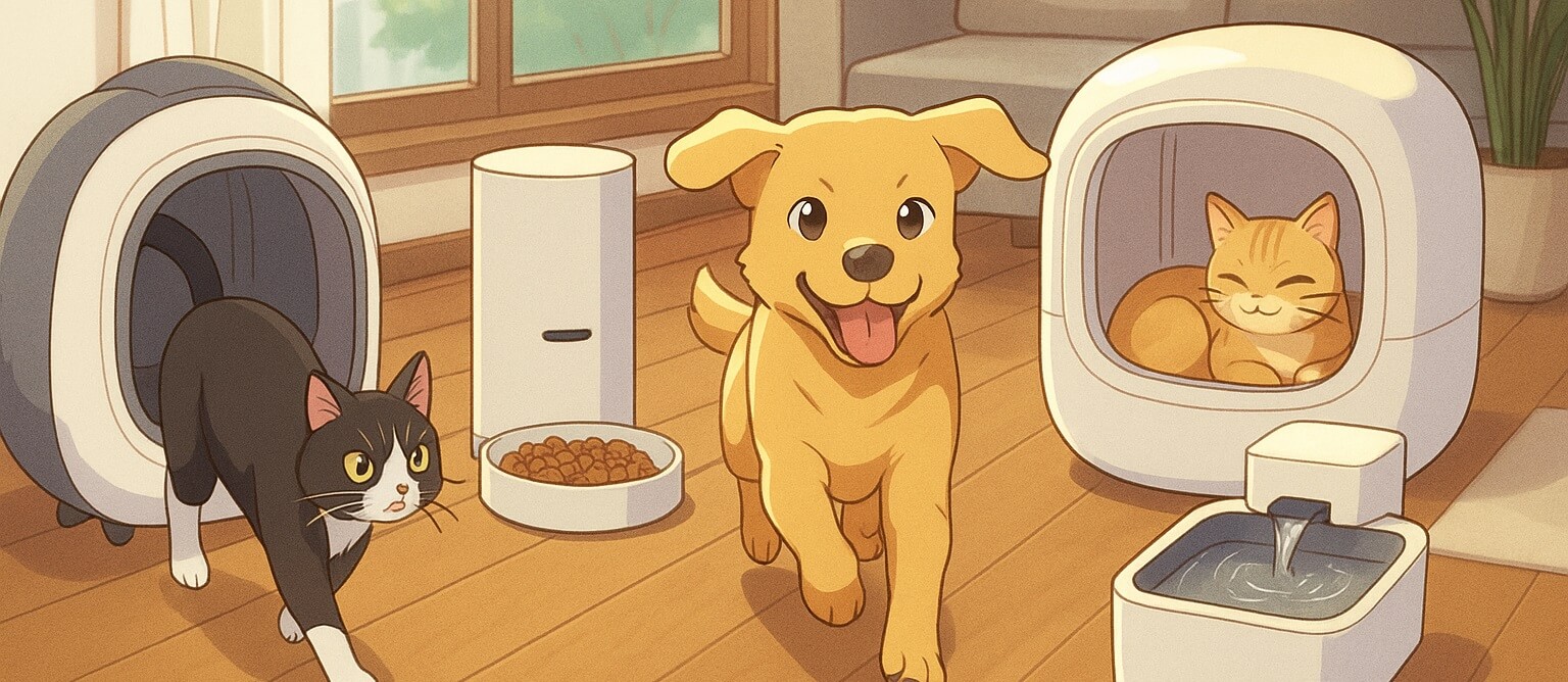 Cute cat and small dog enjoying fresh food from an automatic pet feeder in a warm, cozy home setting