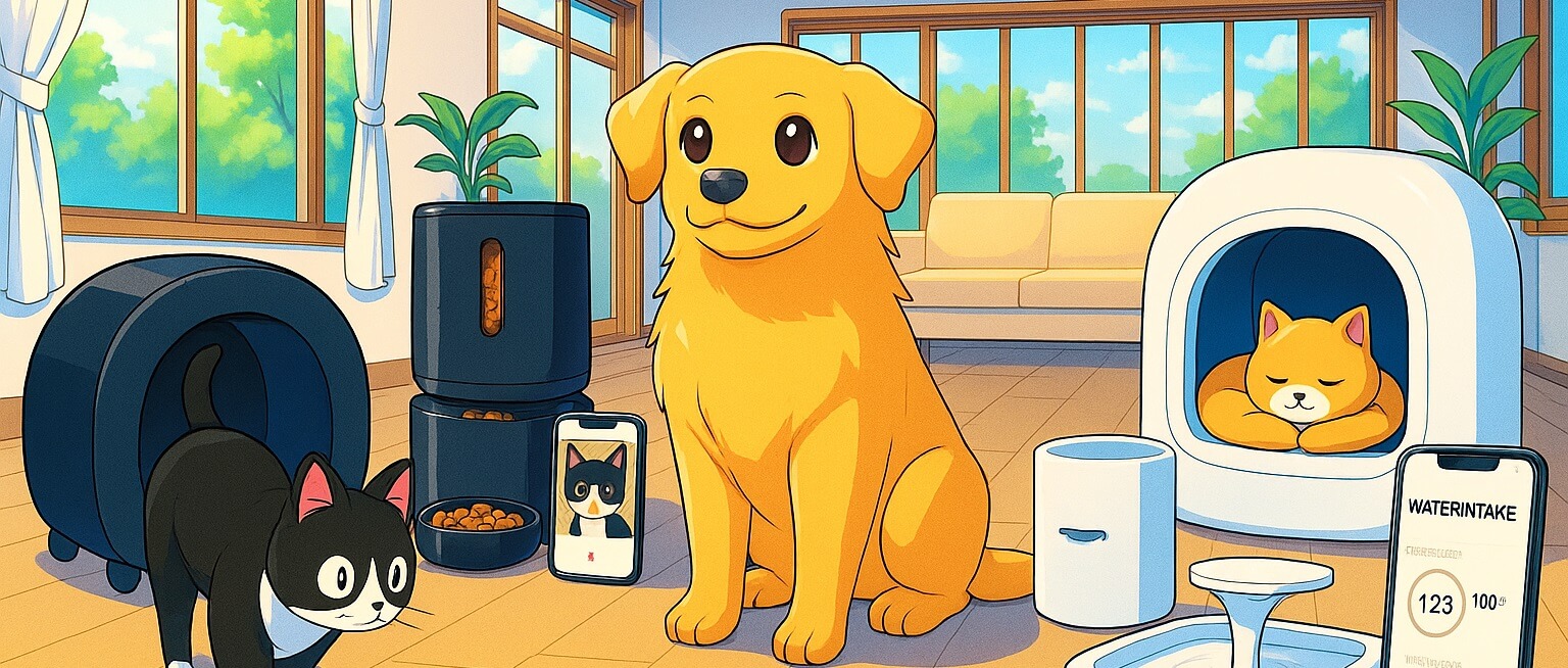 Illustration of a golden retriever, a black-and-white cat, and an orange cat using smart PETLIBRO and PETKIT gadgets like feeders, fountains, and litter boxes in a modern living room, highlighting healthy and happy pets in 2025.