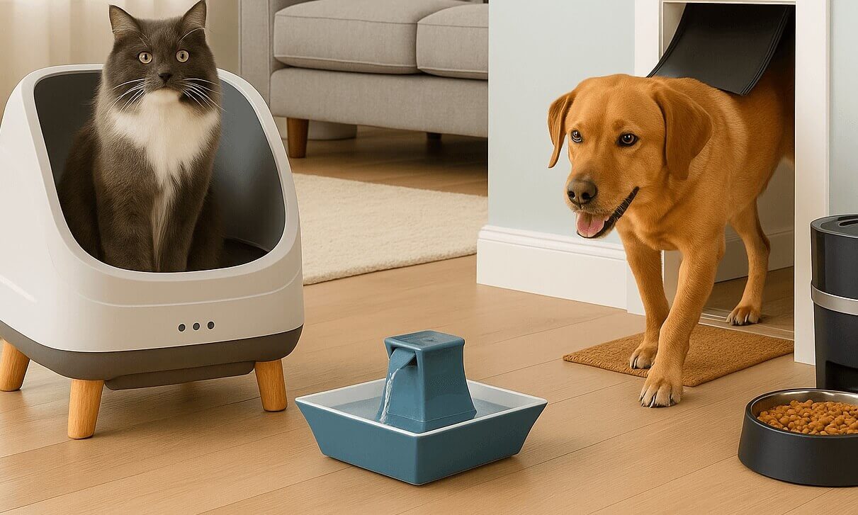 Dog using a PetSafe wall entry pet door, cat near self-cleaning litter box, and Drinkwell fountain in a modern living room