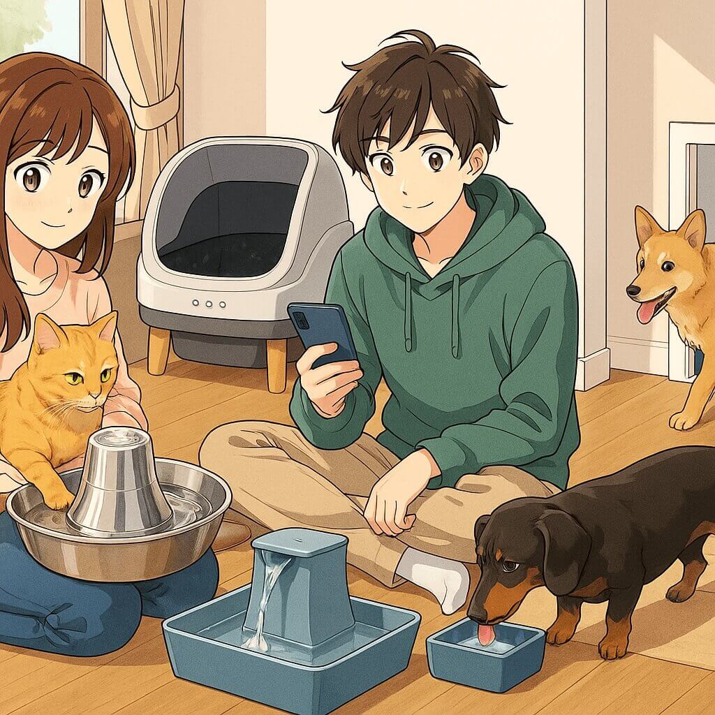 Family with cats and dogs using PetSafe fountains, litter box, and smart feeder at home