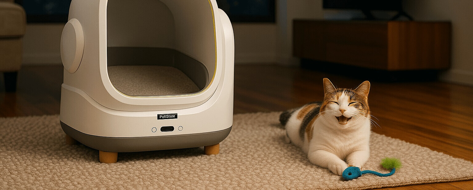 Happy cat relaxing next to the PetSafe ScoopFree OpenSky Automatic Self-Cleaning Litter Box in a cozy home