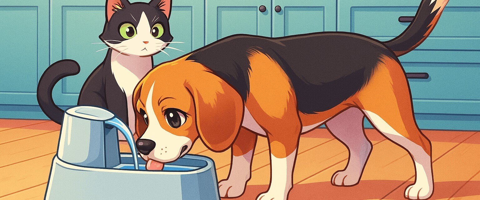 Happy cat and dog enjoying fresh water from the PetSafe Drinkwell 2 Gallon Fountain in a cozy home