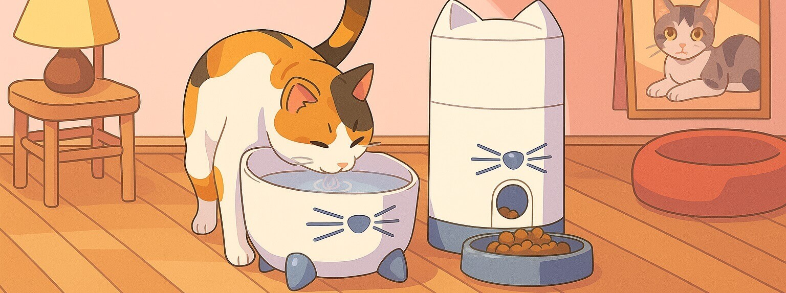 Happy cat enjoying fresh meals and water with the Catit PIXI Smart Feeder and Fountain