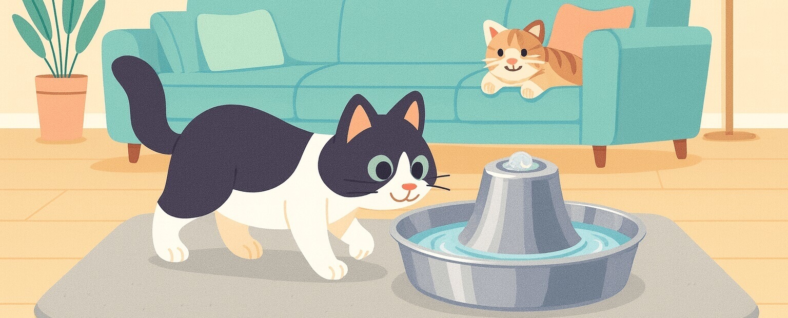 Cats happily drinking from the PetSafe Drinkwell 2-Gallon Fountain – a cozy hydration solution for pets