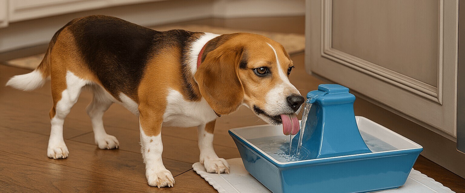 Dog happily drinking from the PetSafe Pagoda Ceramic Fountain – healthy hydration for cats and small dogs