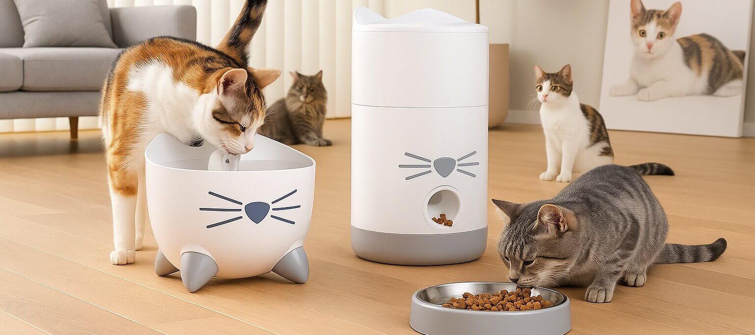 Happy cats eating with the Catit PIXI Smart Feeder – WiFi automatic feeder for precise, on-time meals