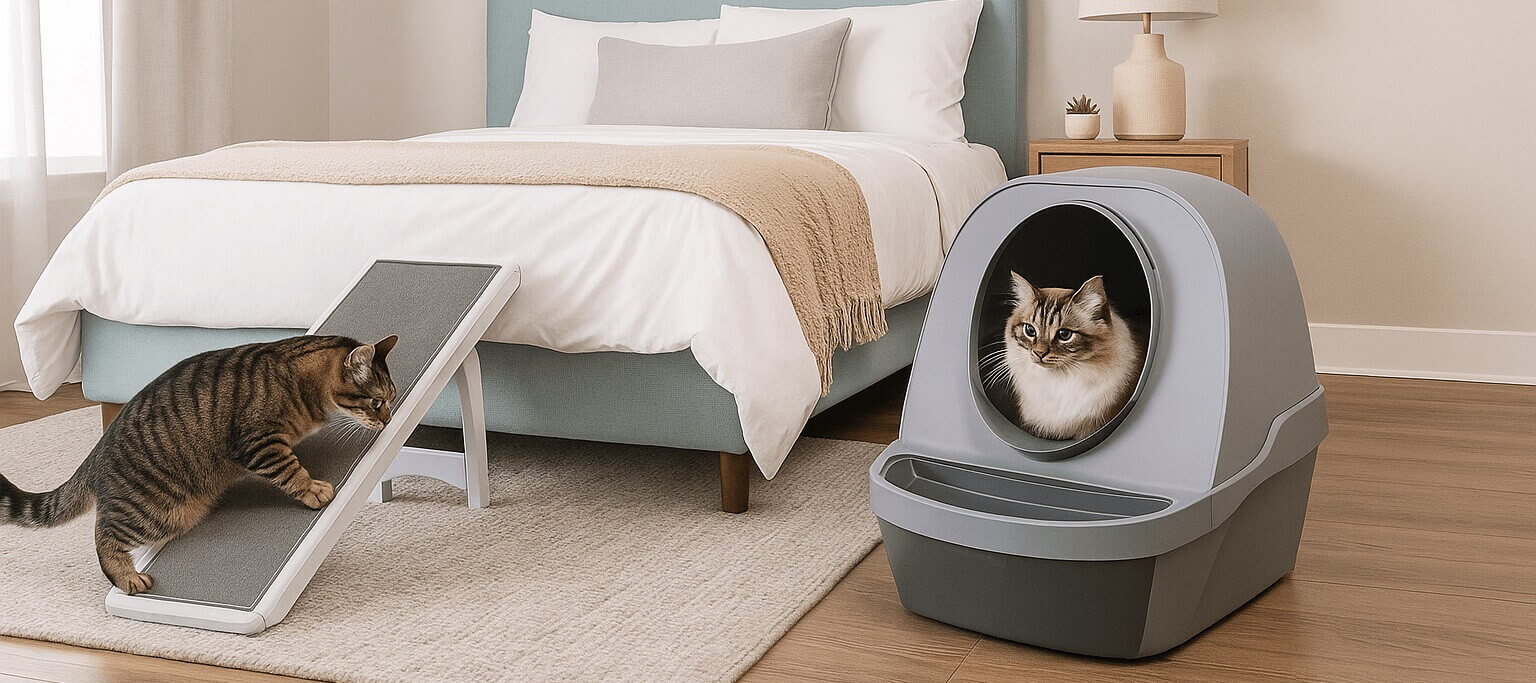 Cozy bedroom scene with two cats — one using a ramp and another in a covered litter box (PetSafe brand review banner)