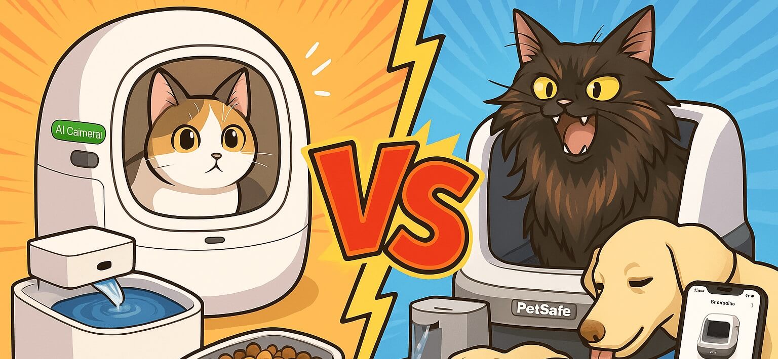 Illustration showing PetSafe vs PETKIT: a golden retriever and two cats using smart pet gadgets (feeders, fountains, litter boxes) in a modern living room — happy, healthy pets in 2025.