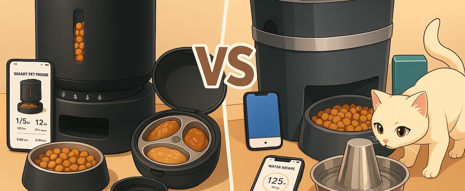 Illustration showing PetSafe vs Petlibro: cats and dogs using smart feeders and fountains in a cozy modern home — happy, healthy pets in 2025.