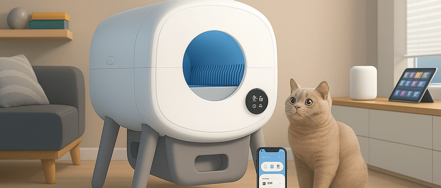 Happy cat with the Cumrige Self-Cleaning Litter Box – smart automatic litter box with app control and odor protection