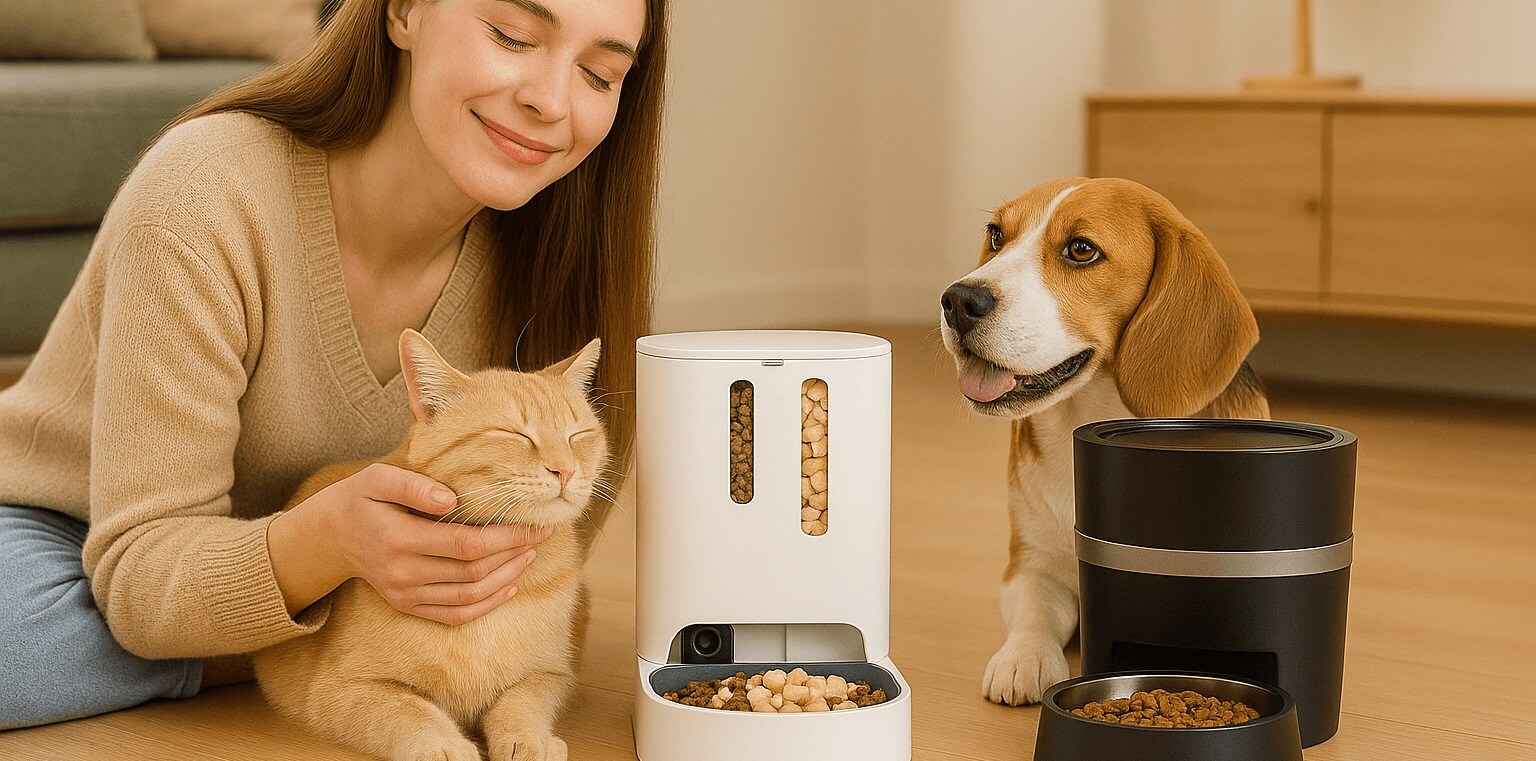Happy cat and dog being fed by automatic feeders PETKIT and PetSafe in a cozy home, showing stress-free and healthy feeding in 2025.