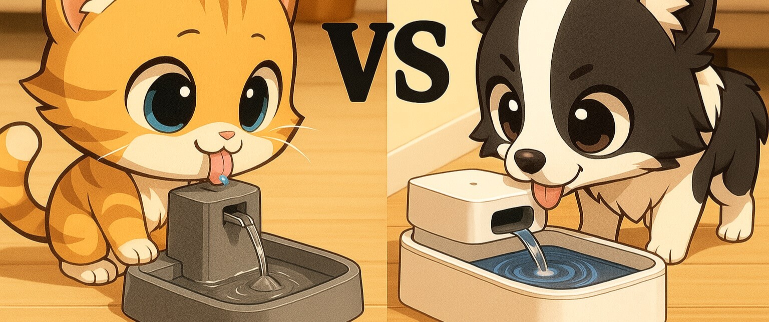 Cute cartoon-style cat and dog drinking from PetSafe vs PETKIT water fountains, showing simplicity vs smart tech.