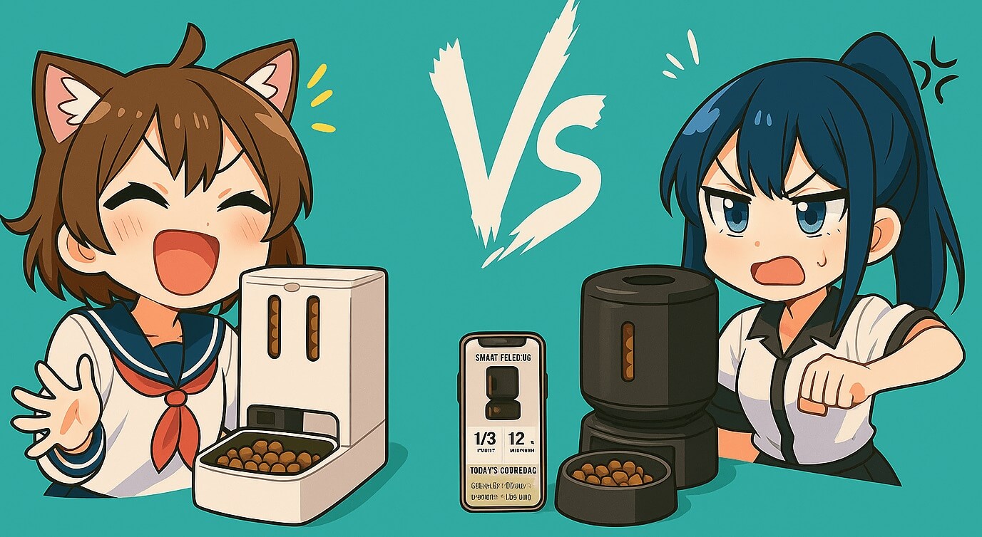 Cute anime-style comparison PETLIBRO vs PETKIT automatic feeders — playful vs tech-focused choice.