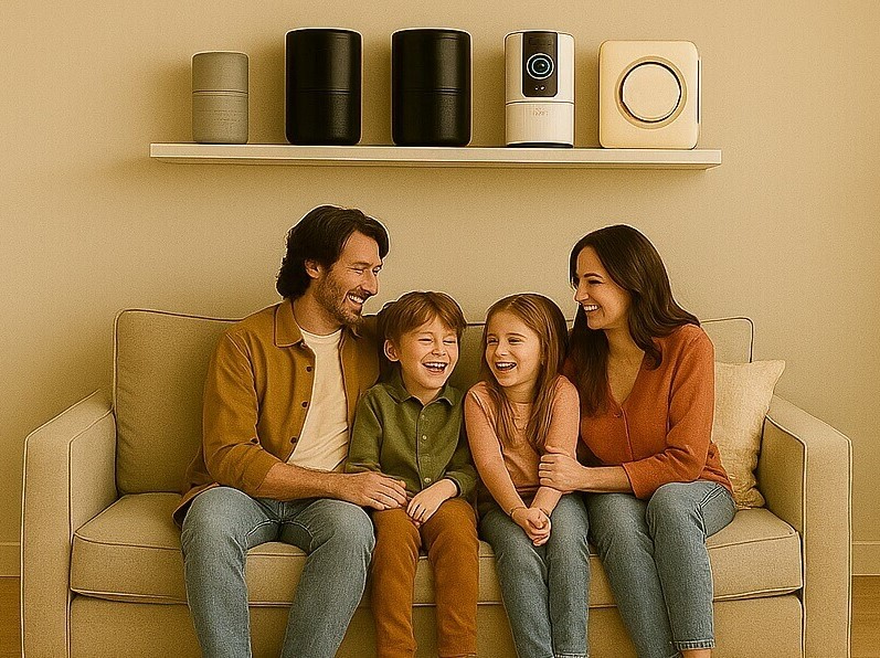 Family with pets in a living room and several air purifiers on the shelf — clean, fresh air at home