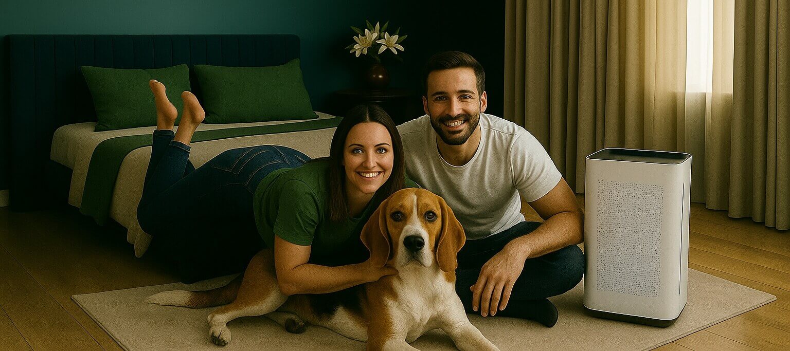 Family with dog enjoying clean allergen-free air thanks to the LEVOIT Vital 200S-P Air Purifier