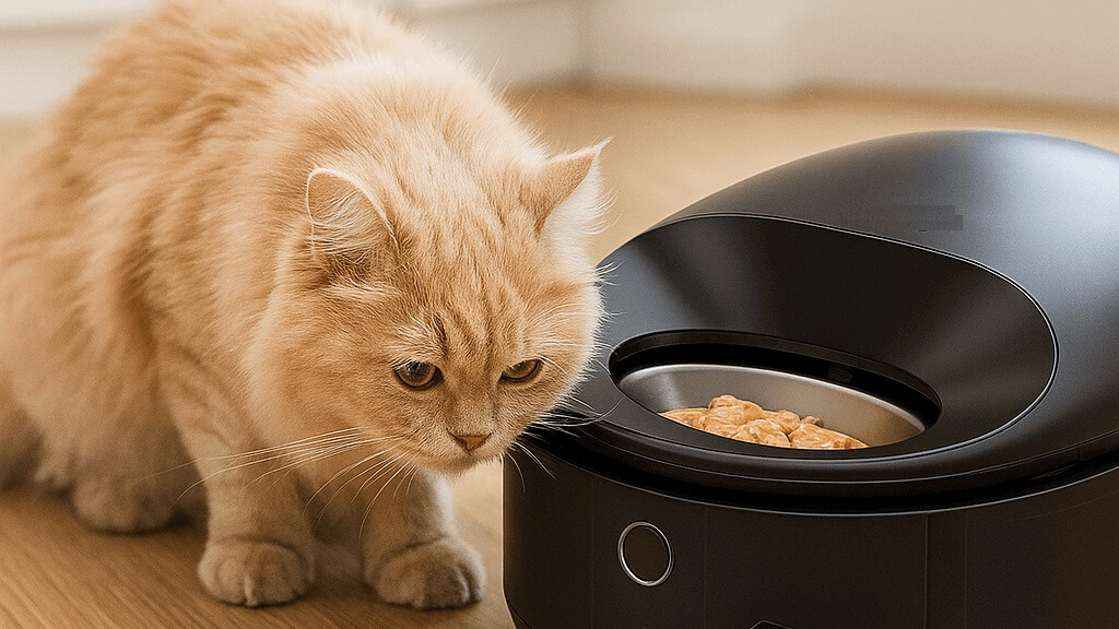 Fluffy orange cat curiously examining the PETLIBRO RFID Automatic Feeder filled with kibble on a wooden floor