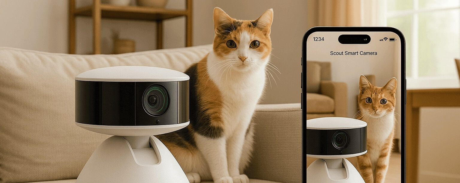 PETLIBRO Dog Camera monitoring a dog in a modern living room with 360° smart view