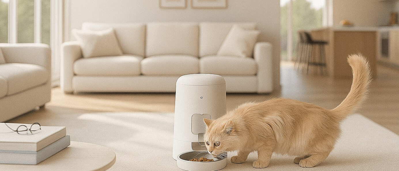 PETLIBRO Automatic Cat Feeder dispensing food in a modern kitchen, showing Wi-Fi control via smartphone