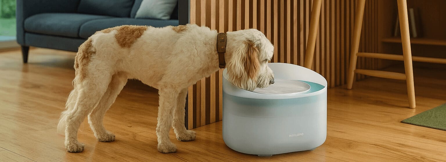 PETLIBRO Dog Water Fountain with 2.1Gal capacity, shown with two large dogs and a splash-free design