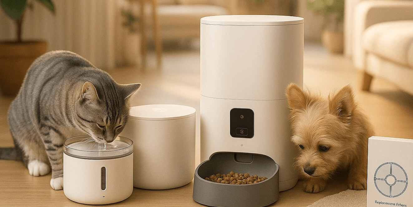 PETLIBRO Brand Review – Cozy home scene with a cat drinking from a modern water fountain and a small dog near an automatic pet feeder (no visible logos)