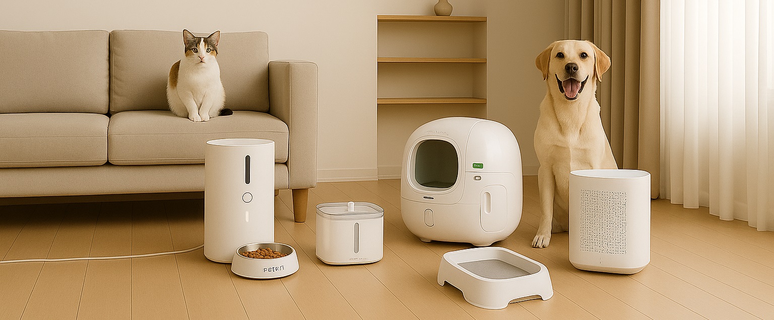 PETKIT smart pet products 2025 — cat and dog with automatic feeder, self-cleaning litter box, water fountain and raised bowl in a modern living room