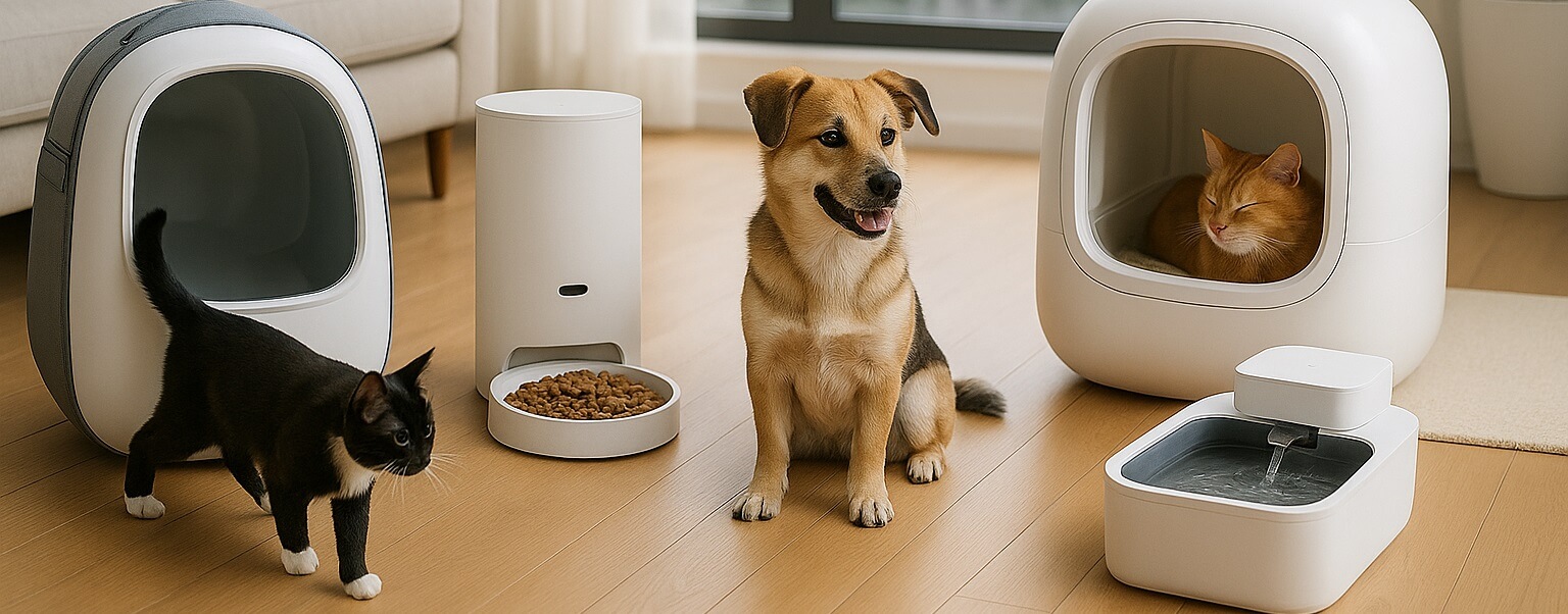 PETKIT Brand Review – Cozy home scene with a cat drinking from a modern water fountain and a small dog near an automatic pet feeder (no visible logos)