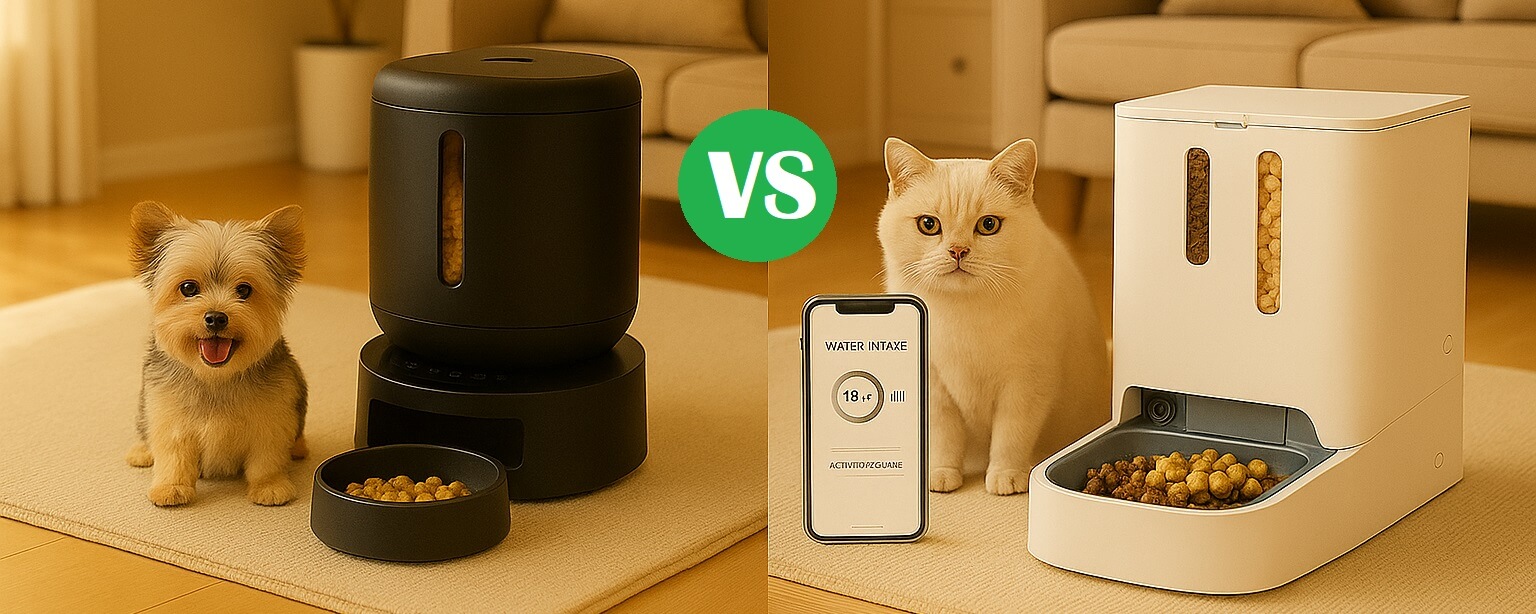 Side-by-side image comparing PETLIBRO and PETKIT automatic feeders (black vs. white) with a small dog and a cat — brand comparison for 2025.