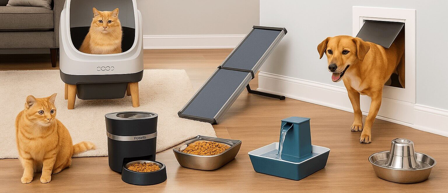 Best PetSafe products 2025 — cats and dog with automatic feeder, self-cleaning litter box, water fountain and pet door in a modern home