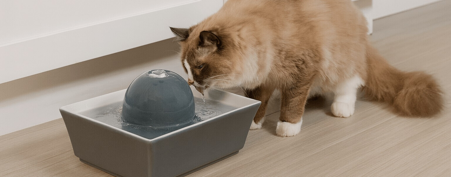 Ragdoll cat drinking from PetSafe Drinkwell Ceramic Fountain – 70 oz square ceramic water fountain with quiet stream for cats and small dogs