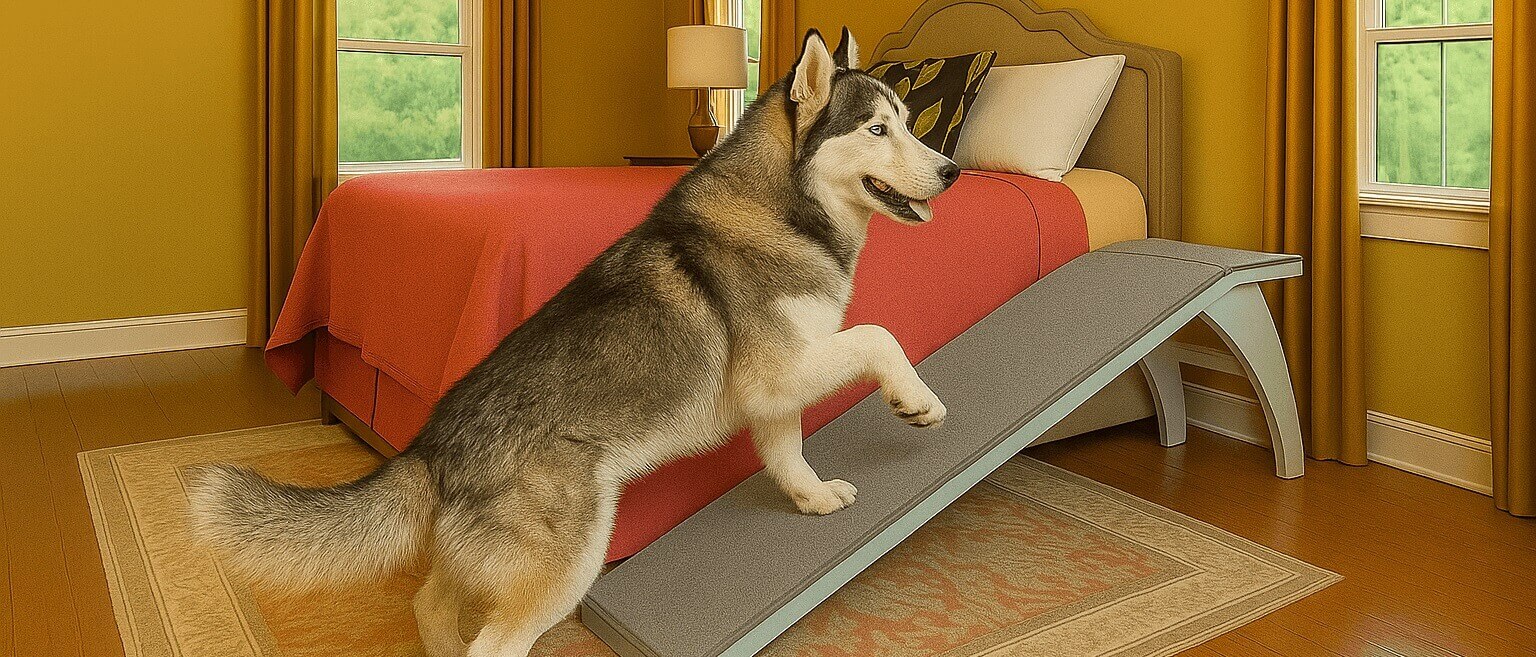PetSafe Wooden Bed Ramp – sturdy furniture-grade ramp for cats and dogs with non-slip carpet surface