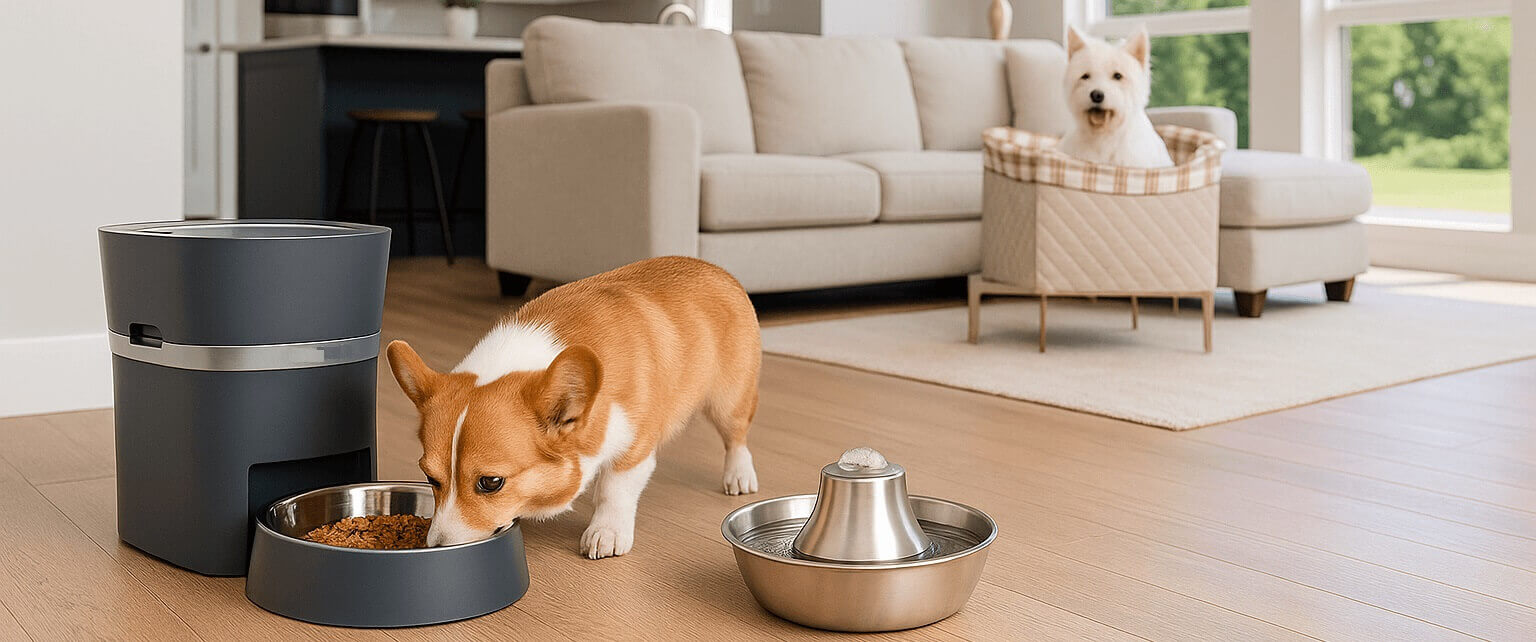 PetSafe Brand Review – Cozy home scene with a corgi eating from an automatic feeder and a small dog sitting nearby with a PetSafe water fountain (no visible logos)