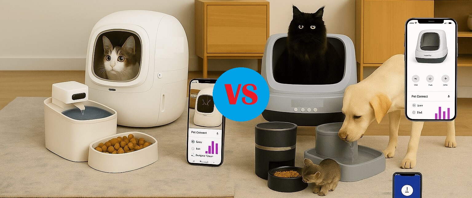 Side-by-side image comparing PetSafe and PETKIT smart pet products — brand comparison for 2025.