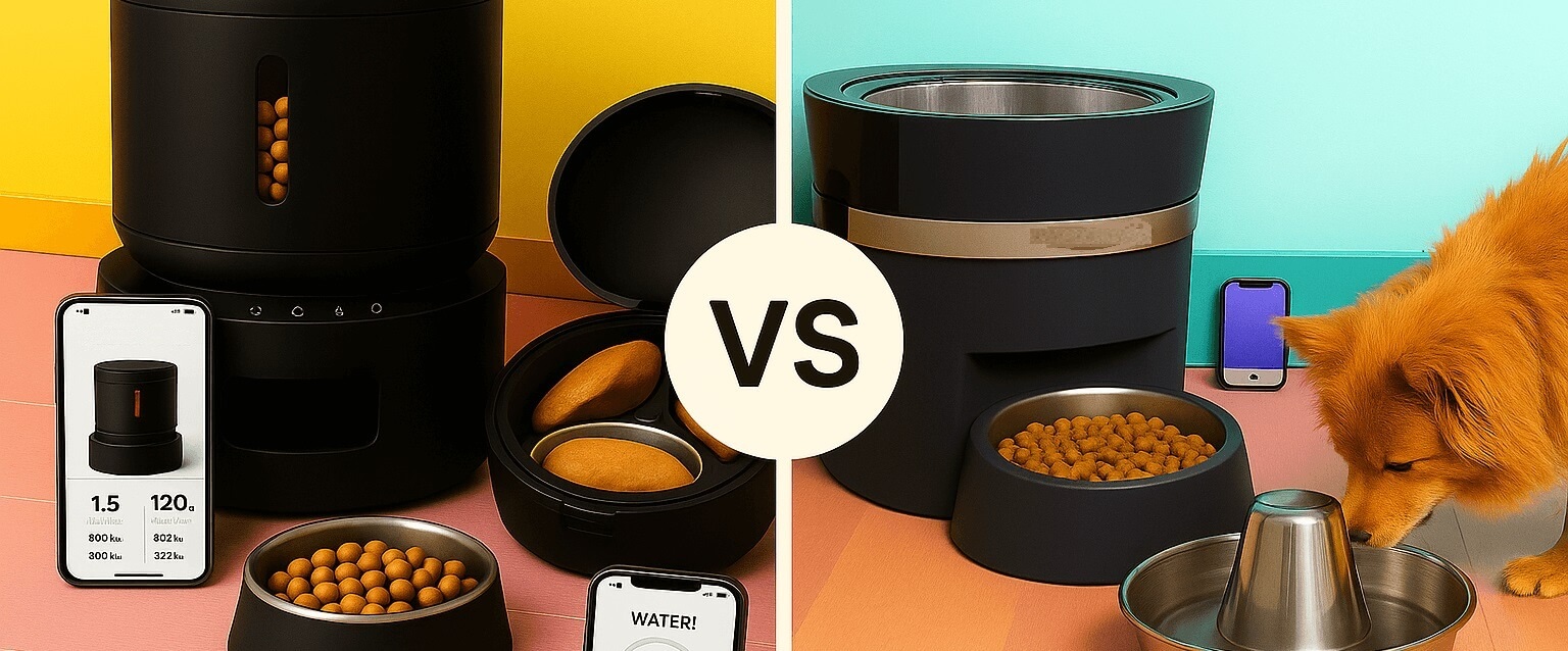 Side-by-side image comparing Petlibro and PetSafe smart pet products — brand comparison for 2025.