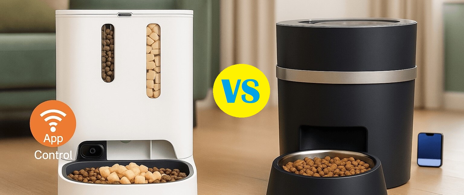 Side-by-side comparison of PetSafe Smart Feed and PETKIT Automatic Feeder in 2025, showing design and smart features.