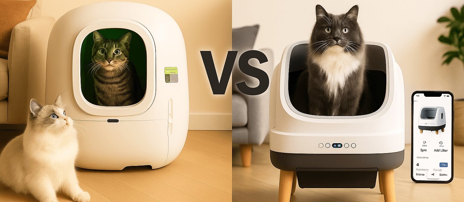 Side-by-side comparison of PetSafe and PETKIT self-cleaning litter boxes in 2025, showing smart features and design differences.