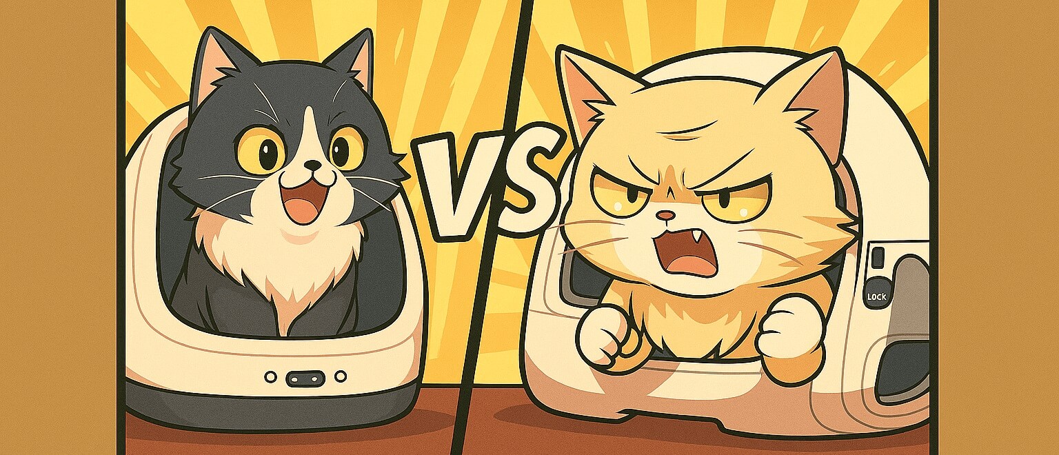 Cartoon-style cats facing off in PetSafe vs PETKIT litter box showdown, highlighting tech vs simplicity.