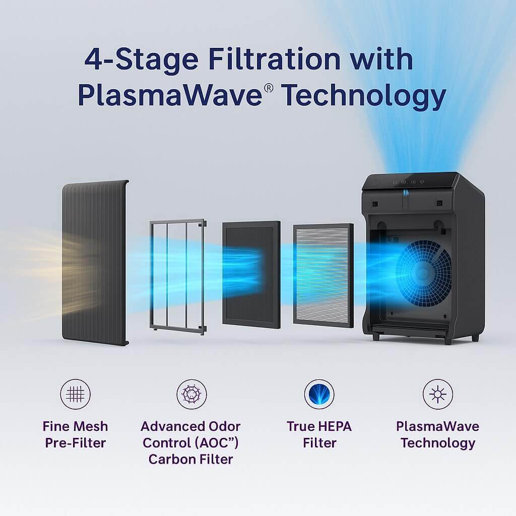 WINIX 5510 Air Purifier box contents: unit, HEPA filter, carbon filter, pre-filter, PlasmaWave technology
