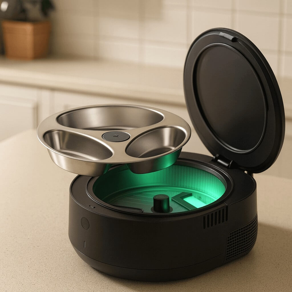 PETLIBRO refrigerated cat feeder unboxed with stainless steel bowls and app manual displayed