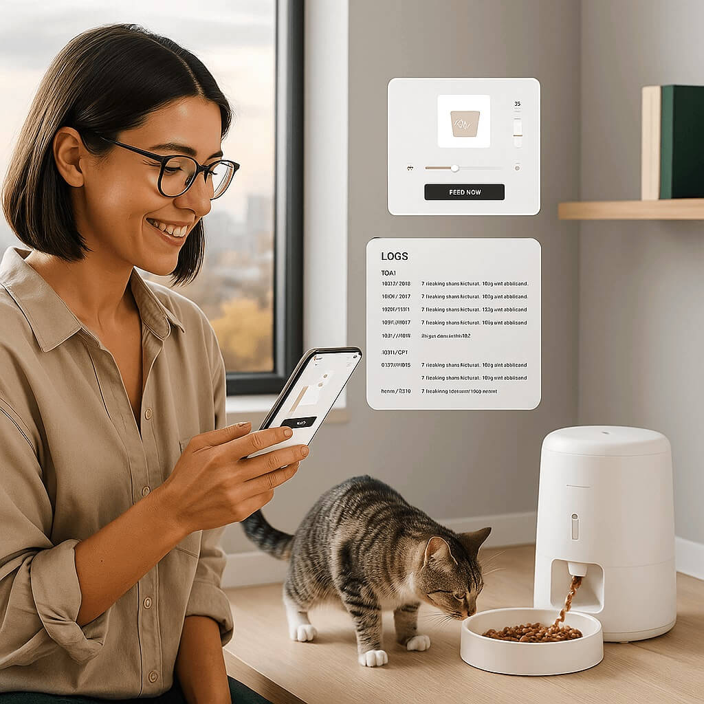PETLIBRO Automatic Feeder in use – Wi-Fi enabled food dispenser with smartphone next to cat bowl