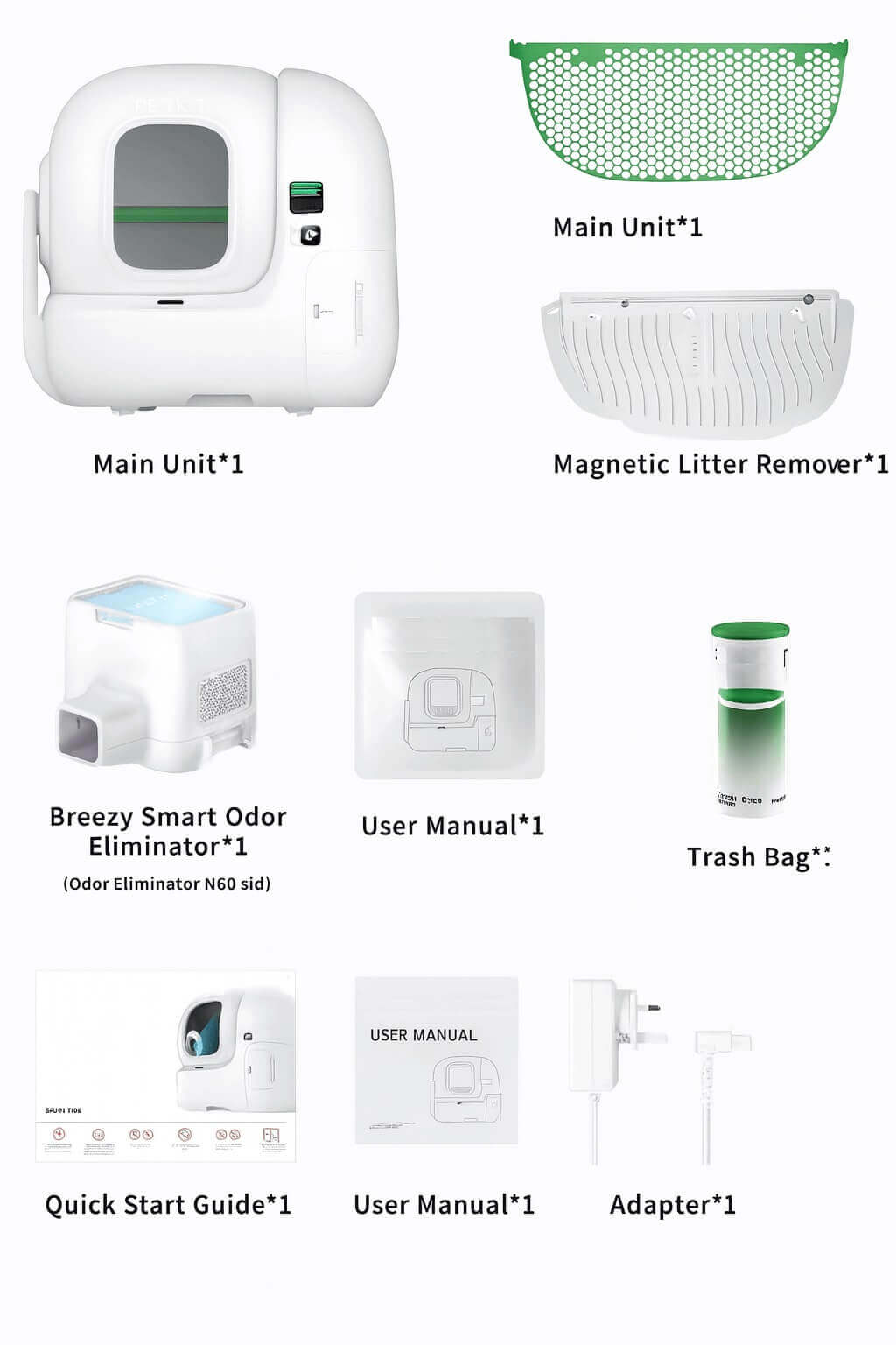 PETKIT 2025 Purobot Max Pro self-cleaning litter box package contents with odor control components, power adapter, and manual