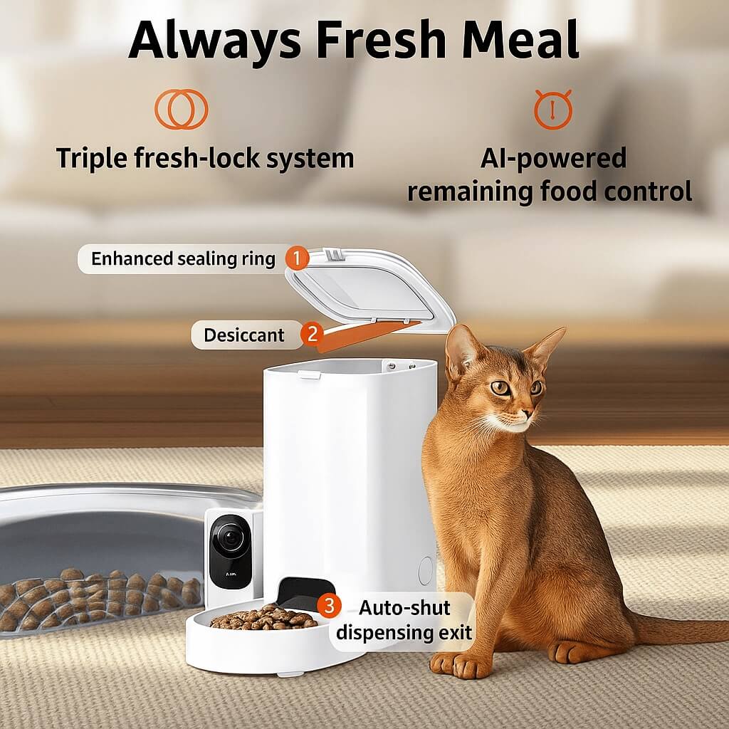 PETKIT Compact Automatic Feeder triple fresh-lock system with sealing ring, desiccant, and auto-shut dispensing exit