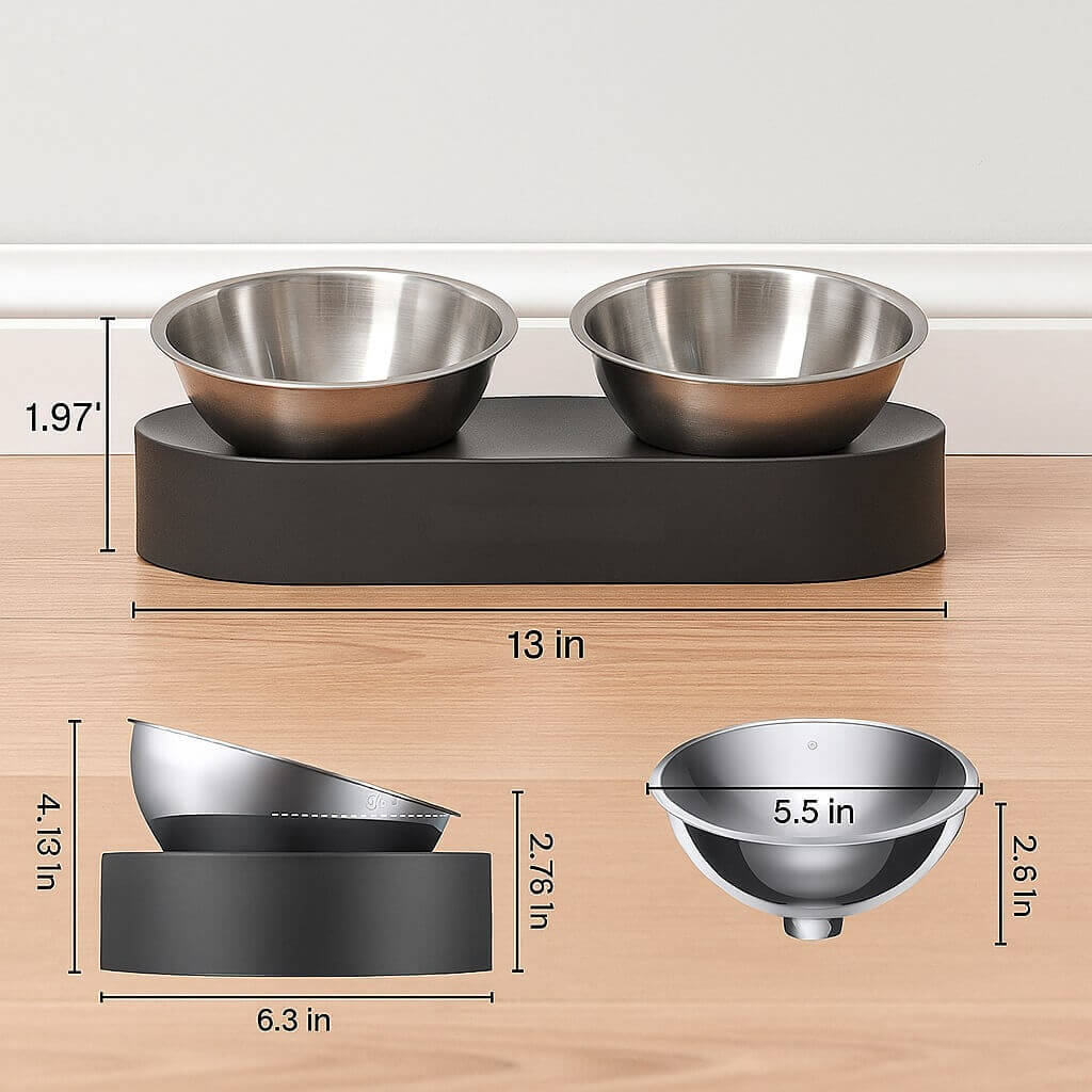 What's in the box: PETKIT Raised Bowl set with two 304 stainless steel bowls and non-slip ABS stand