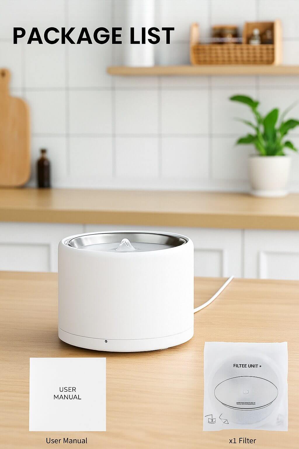 PETKIT Eversweet 3 Pro box contents: water fountain, base, Filter Unit 3.0, wireless pump, cleaning brush, user manual