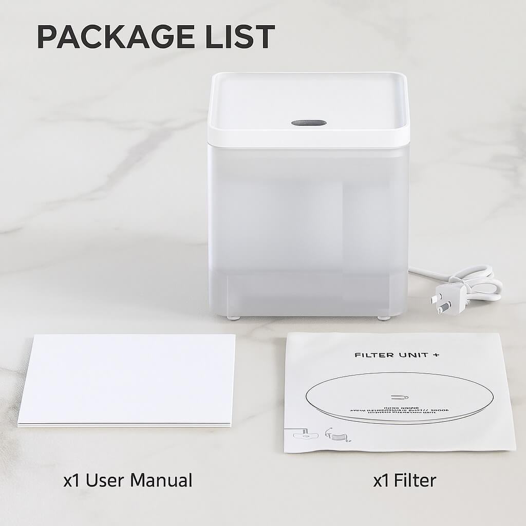 PETKIT Eversweet 3 Pro package list: fountain, stainless steel top, wireless pump, filter, user manual, base