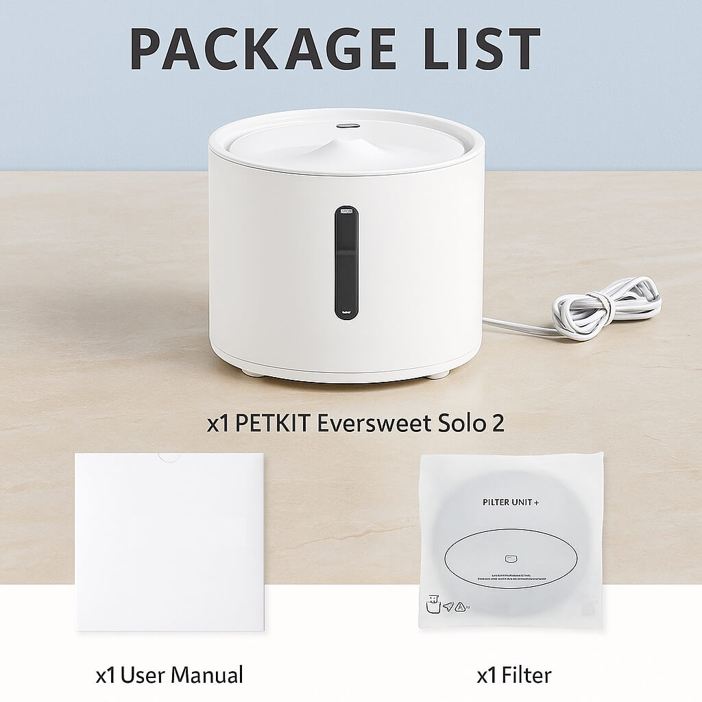 PETKIT EVERSWEET Solo 2 package contents: fountain unit, base with cable, wireless pump, filter, cleaning brush, user manual